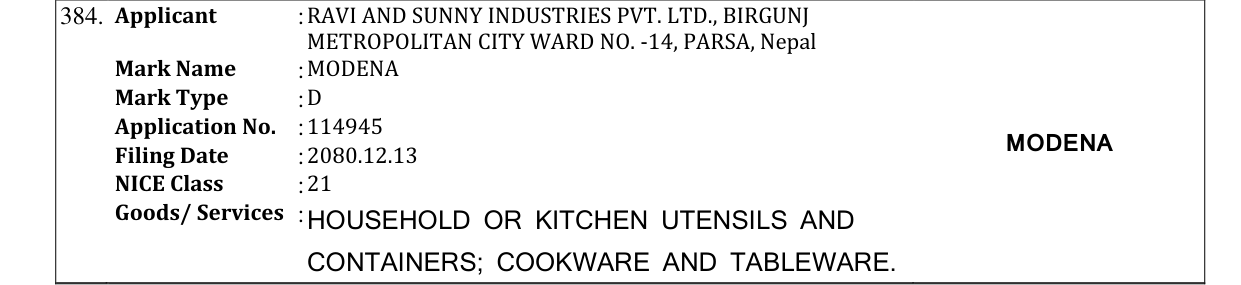 Original bulletin entry for MODENA