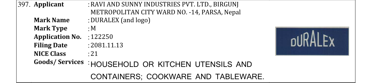 Original bulletin entry for DURALEX (and logo)