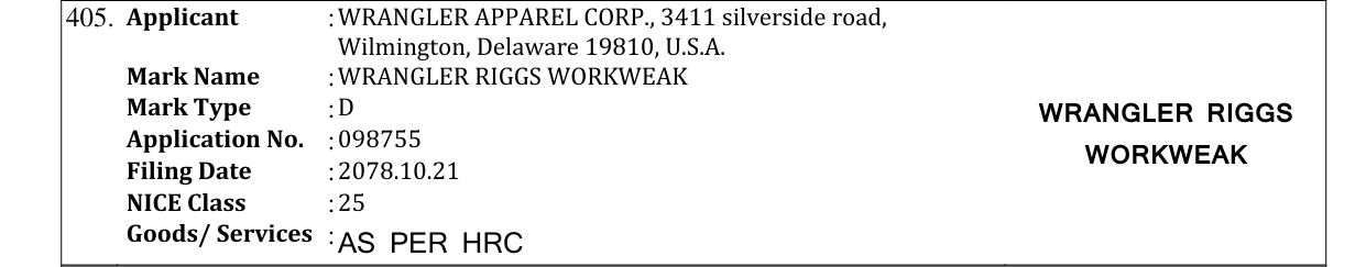 Original bulletin entry for WRANGLER RIGGS WORKWEAK