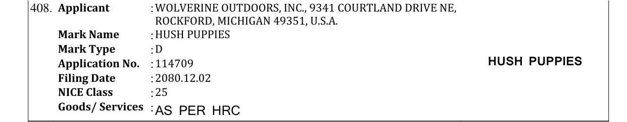 Original bulletin entry for HUSH PUPPIES