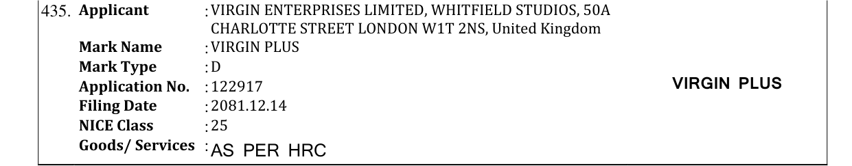 Original bulletin entry for VIRGIN PLUS