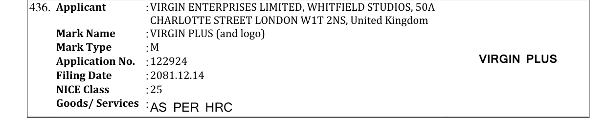 Original bulletin entry for VIRGIN PLUS (and logo)