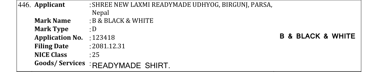 Original bulletin entry for B & BLACK & WHITE