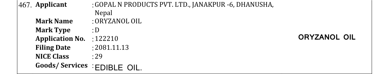 Original bulletin entry for ORYZANOL OIL