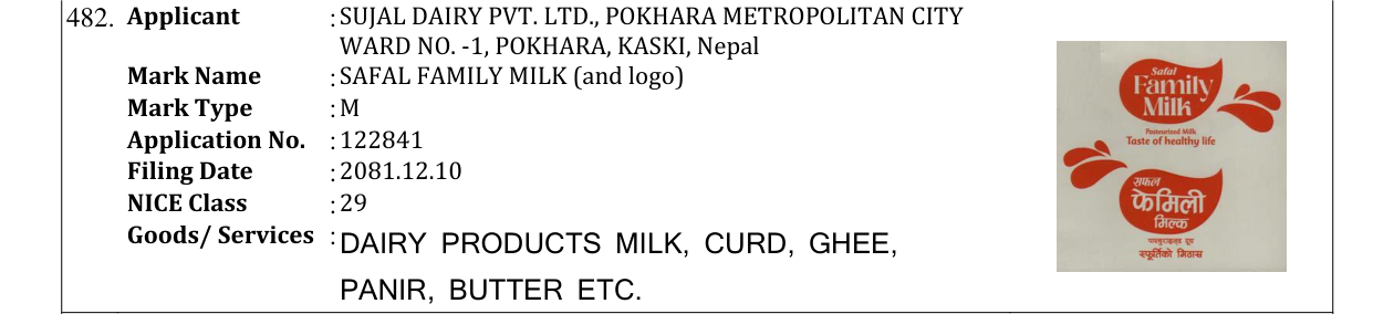 Original bulletin entry for SAFAL FAMILY MILK (and logo)