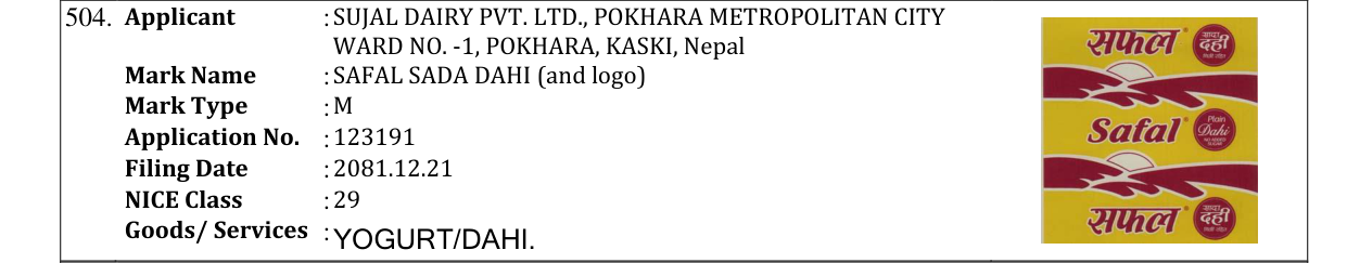 Original bulletin entry for SAFAL SADA DAHI (and logo)