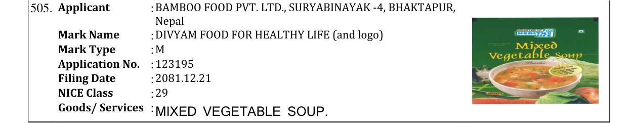 Original bulletin entry for DIVYAM FOOD FOR HEALTHY LIFE (and logo)