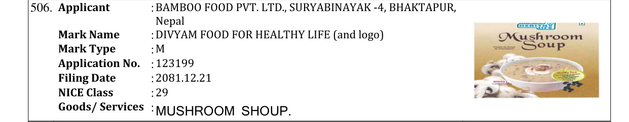 Original bulletin entry for DIVYAM FOOD FOR HEALTHY LIFE (and logo)