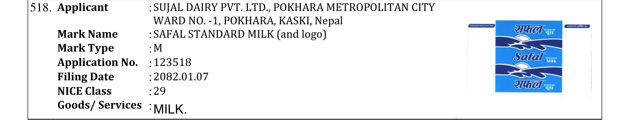 Original bulletin entry for SAFAL STANDARD MILK (and logo)