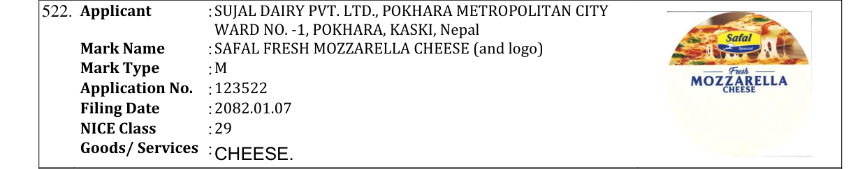 Original bulletin entry for SAFAL FRESH MOZZARELLA CHEESE (and logo)