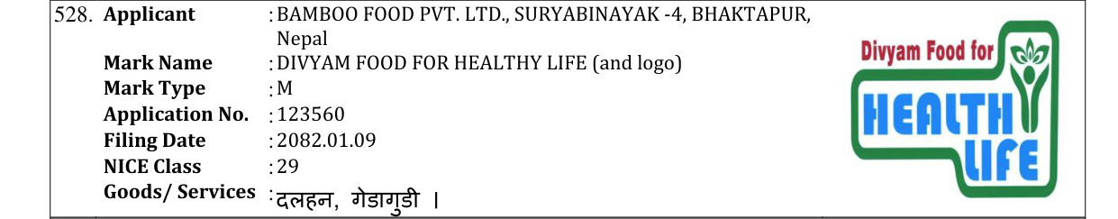 Original bulletin entry for DIVYAM FOOD FOR HEALTHY LIFE (and logo)