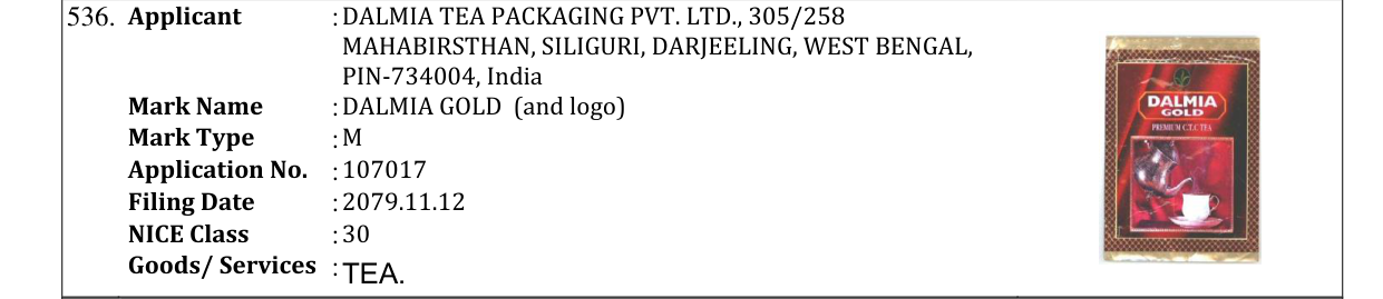 Original bulletin entry for DALMIA GOLD (and logo)