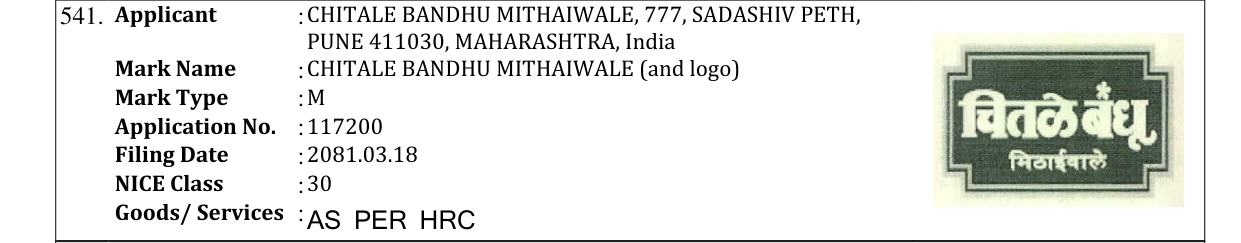 Original bulletin entry for CHITALE BANDHU MITHAIWALE (and logo)