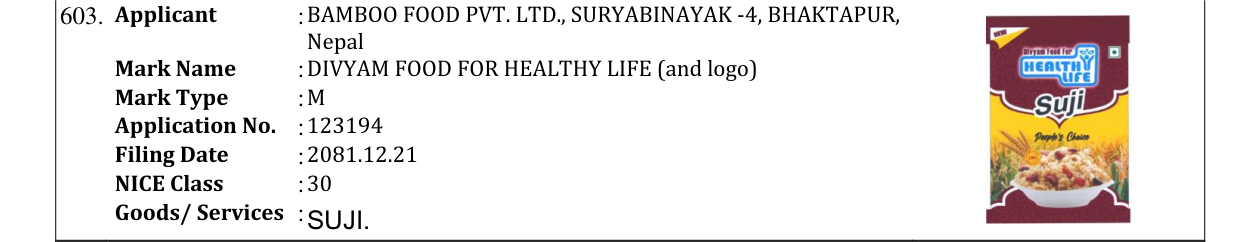 Original bulletin entry for DIVYAM FOOD FOR HEALTHY LIFE (and logo)