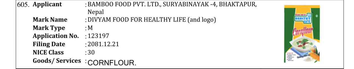 Original bulletin entry for DIVYAM FOOD FOR HEALTHY LIFE (and logo)