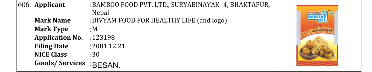 Original bulletin entry for DIVYAM FOOD FOR HEALTHY LIFE (and logo)