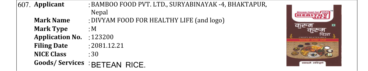Original bulletin entry for DIVYAM FOOD FOR HEALTHY LIFE (and logo)