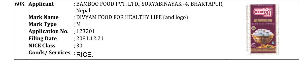 Original bulletin entry for DIVYAM FOOD FOR HEALTHY LIFE (and logo)