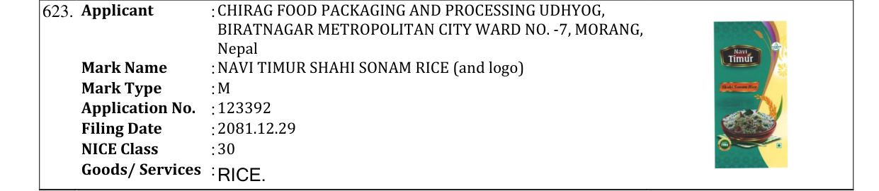 Original bulletin entry for NAVI TIMUR SHAHI SONAM RICE (and logo)