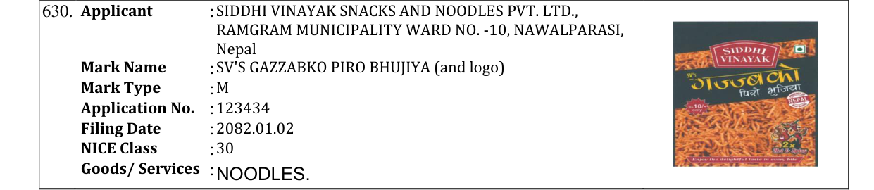 Original bulletin entry for SV'S GAZZABKO PIRO BHUJIYA (and logo)