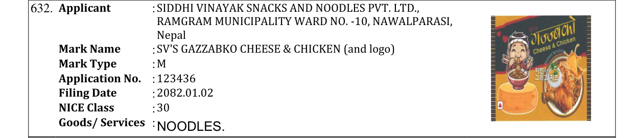 Original bulletin entry for SV'S GAZZABKO CHEESE & CHICKEN (and logo)