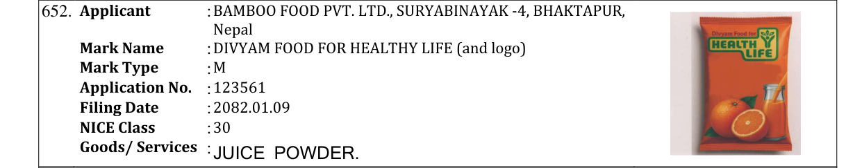 Original bulletin entry for DIVYAM FOOD FOR HEALTHY LIFE (and logo)