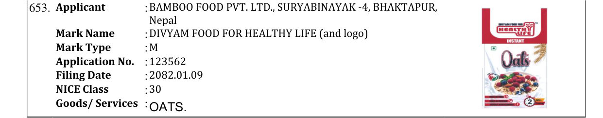 Original bulletin entry for DIVYAM FOOD FOR HEALTHY LIFE (and logo)