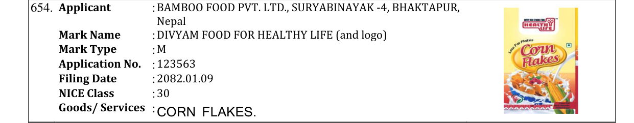 Original bulletin entry for DIVYAM FOOD FOR HEALTHY LIFE (and logo)