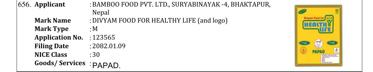 Original bulletin entry for DIVYAM FOOD FOR HEALTHY LIFE (and logo)