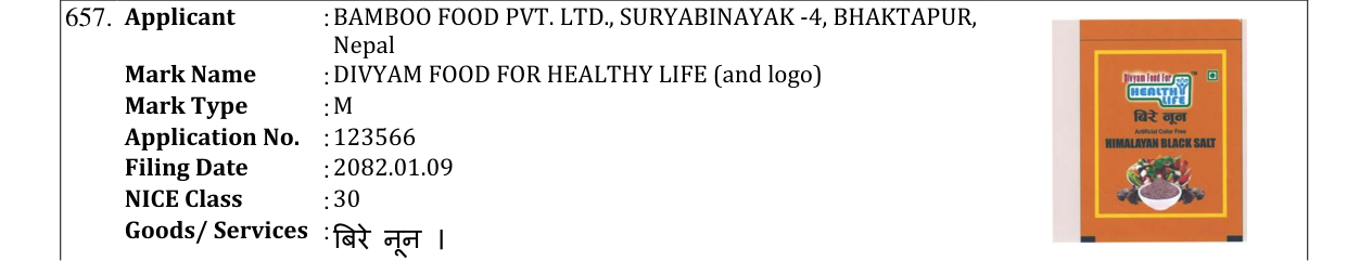 Original bulletin entry for DIVYAM FOOD FOR HEALTHY LIFE (and logo)