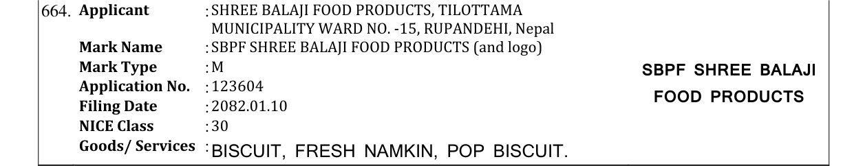 Original bulletin entry for SBPF SHREE BALAJI FOOD PRODUCTS (and logo)