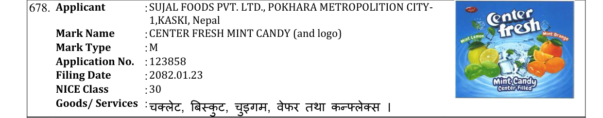 Original bulletin entry for CENTER FRESH MINT CANDY (and logo)