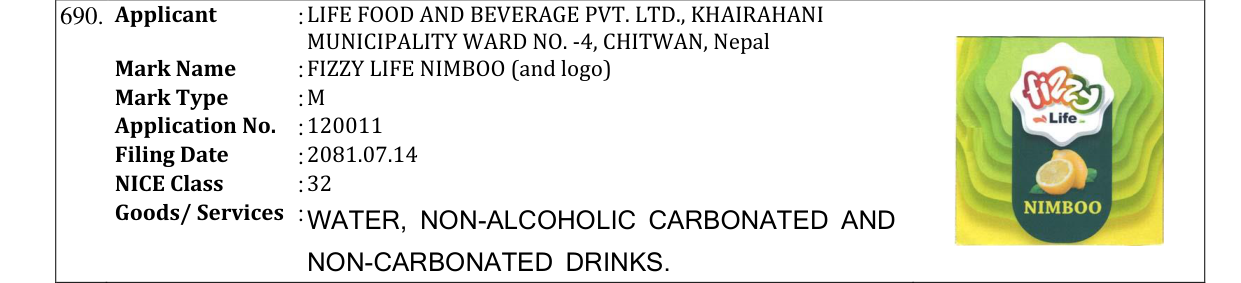 Original bulletin entry for FIZZY LIFE NIMBOO (and logo)