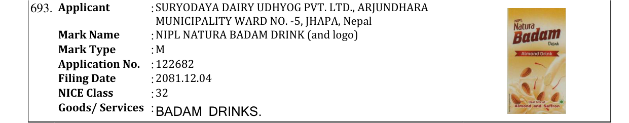 Original bulletin entry for NIPL NATURA BADAM DRINK (and logo)