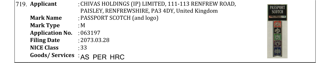 Original bulletin entry for PASSPORT SCOTCH (and logo)
