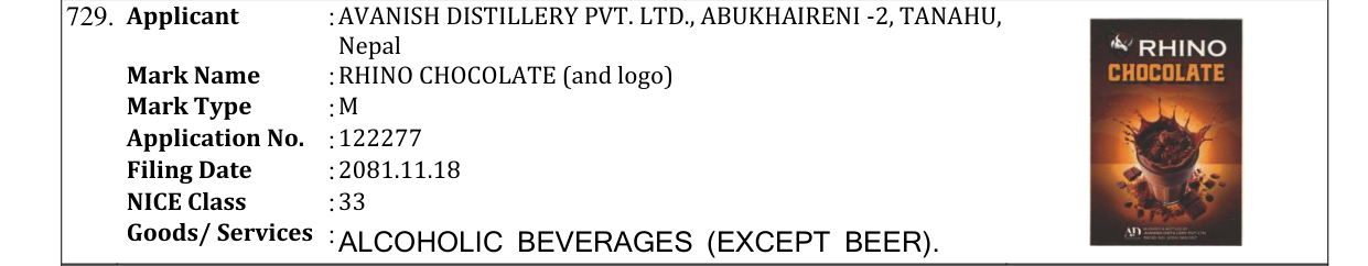 Original bulletin entry for RHINO CHOCOLATE (and logo)