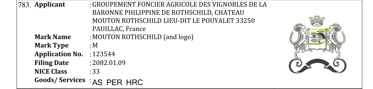 Original bulletin entry for MOUTON ROTHSCHILD (and logo)