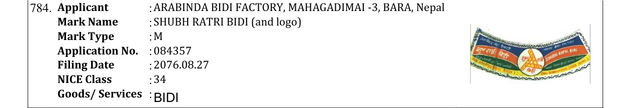 Original bulletin entry for SHUBH RATRI BIDI (and logo)