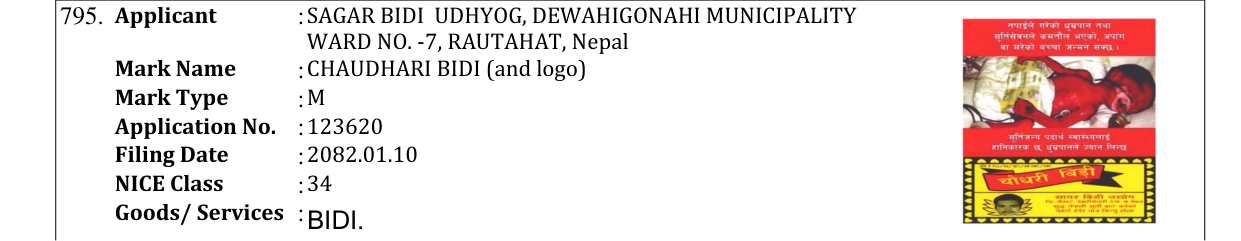Original bulletin entry for CHAUDHARI BIDI (and logo)