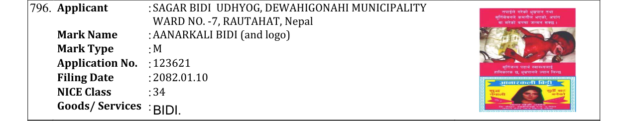 Original bulletin entry for AANARKALI BIDI (and logo)