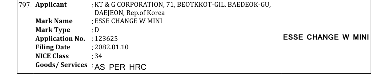Original bulletin entry for ESSE CHANGE W MINI