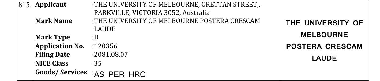 Original bulletin entry for THE UNIVERSITY OF MELBOURNE POSTERA CRESCAM THE UNIVERSITY OF LAUDE