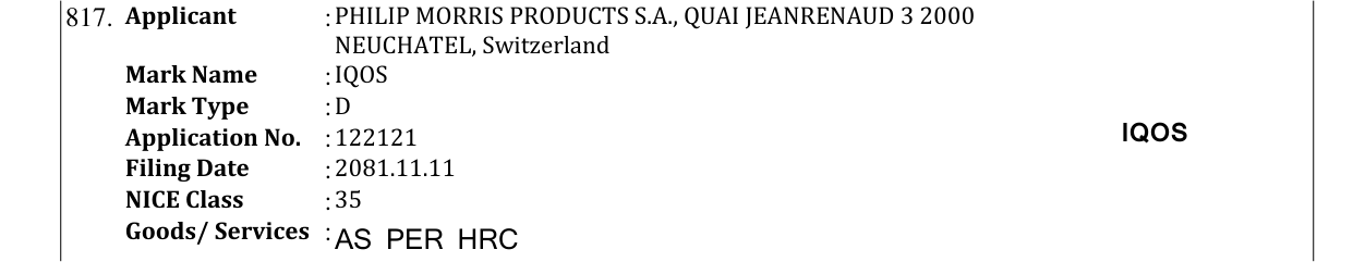 Original bulletin entry for IQOS