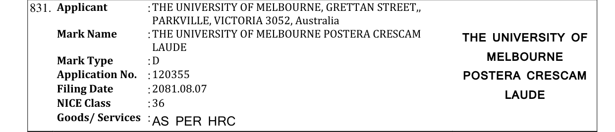 Original bulletin entry for THE UNIVERSITY OF MELBOURNE POSTERA CRESCAM THE UNIVERSITY OF LAUDE