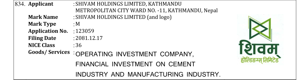 Original bulletin entry for SHIVAM HOLDINGS LIMITED (and logo)