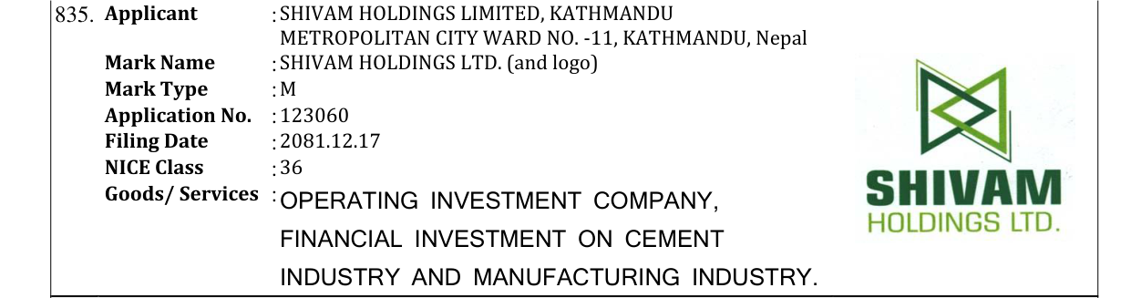 Original bulletin entry for SHIVAM HOLDINGS LTD. (and logo)