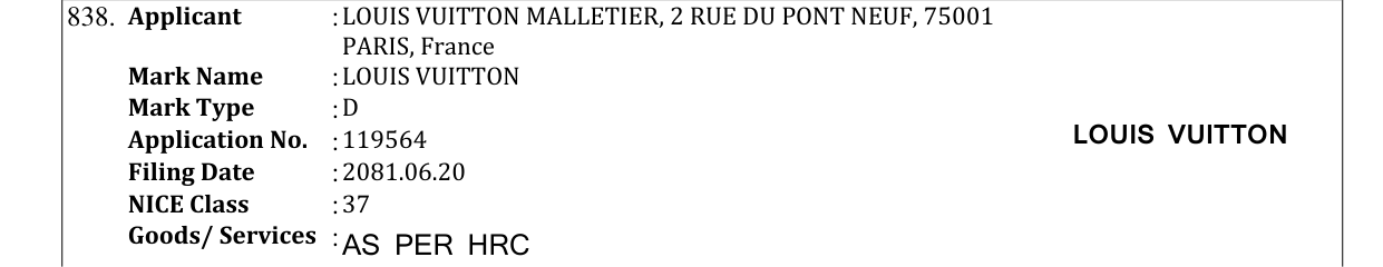 Original bulletin entry for LOUIS VUITTON