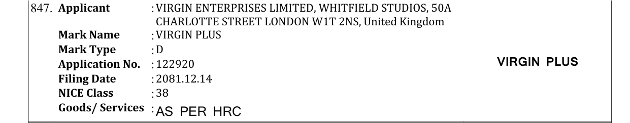 Original bulletin entry for VIRGIN PLUS