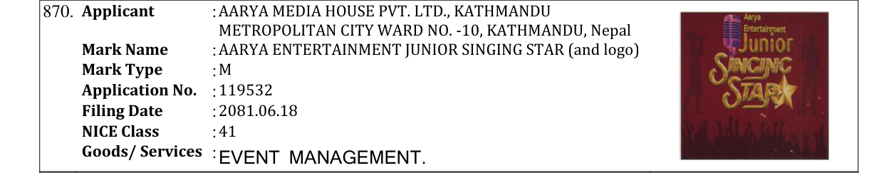 Original bulletin entry for AARYA ENTERTAINMENT JUNIOR SINGING STAR (and logo)