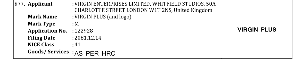 Original bulletin entry for VIRGIN PLUS (and logo)